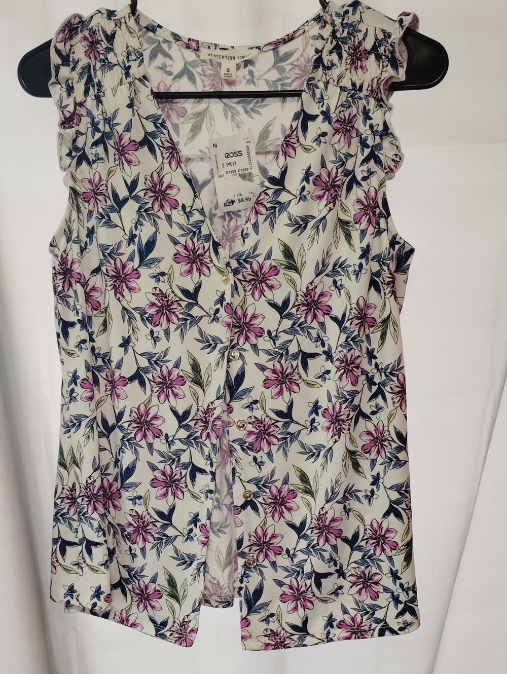 Floral Button-Front Sleeveless Top in White with Pink & Blue Flowers